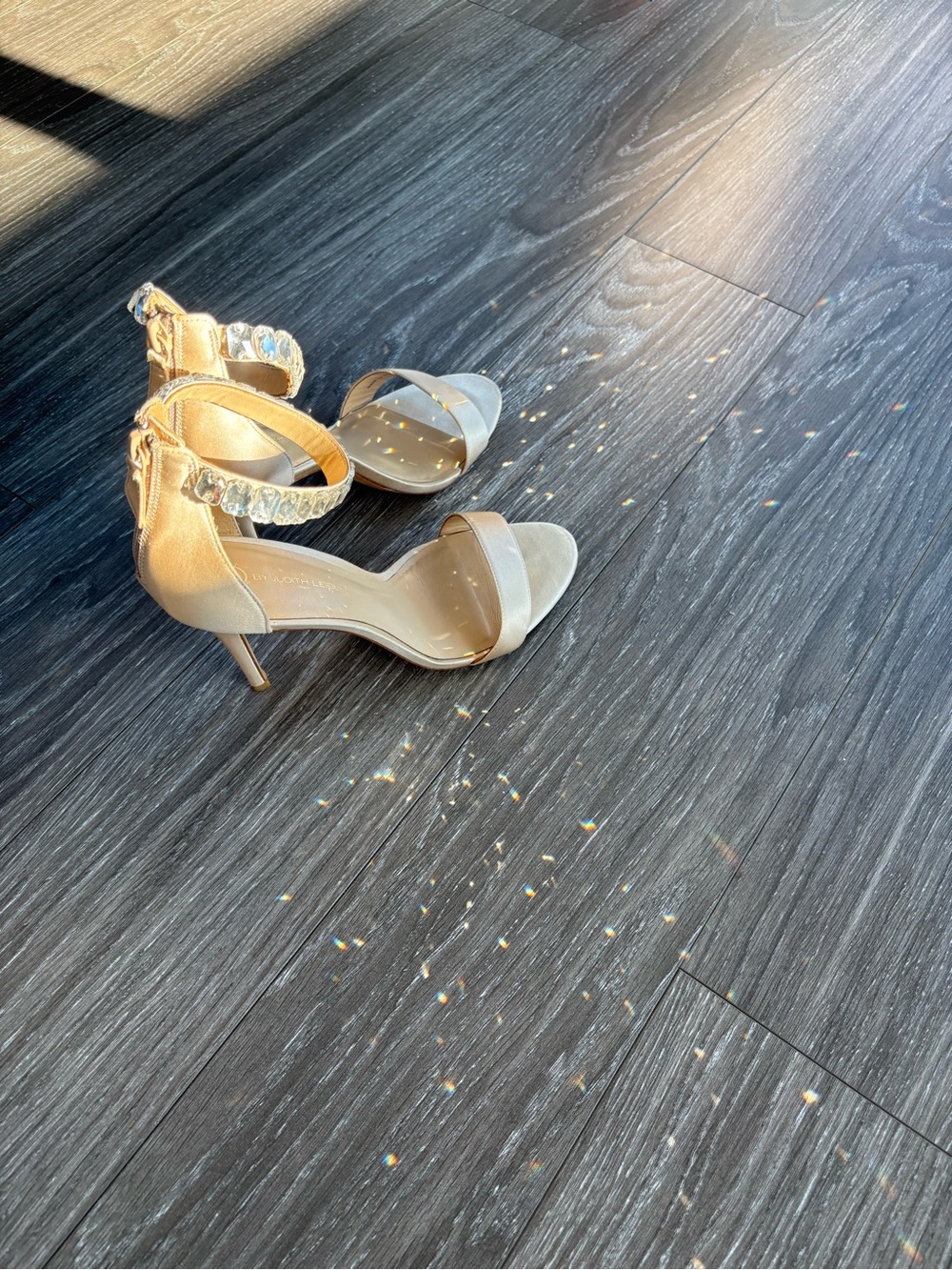 Judith Leiber Champagne Satin Crystal-Ankle Stiletto Sandals